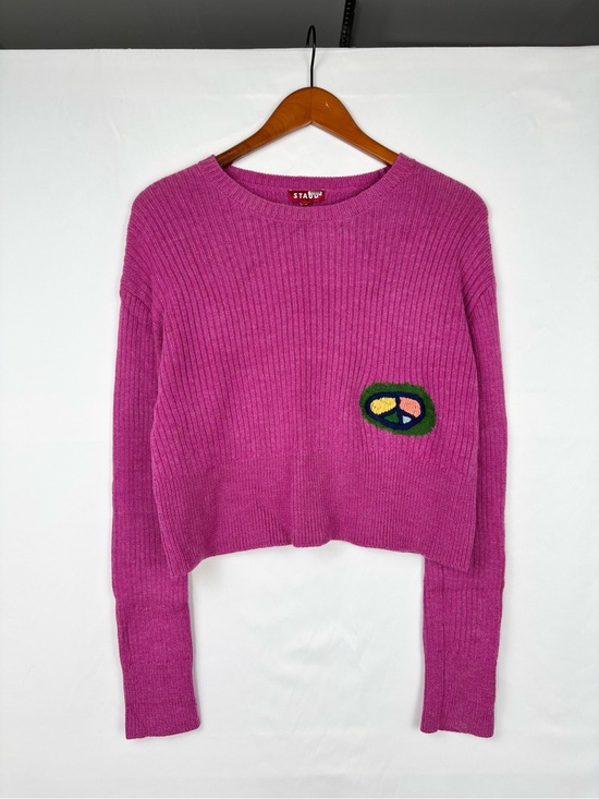 STAUD Sweaters - Staud Keith Sweater Peace Crop Pink Size S Wool Blend Knit Crew Embroidered